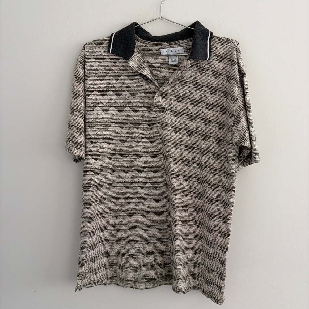 Tribute Mens Geometric Knit Polo Shirt Brown Gray Short Sleeve Medium
